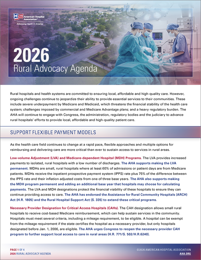 AHA 2026 Rural Advocacy Agenda page 1.